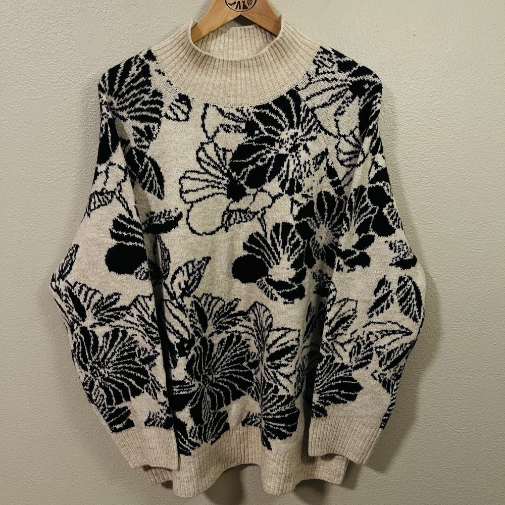 NWT Liz Claiborne Floral Chunky Knit Sweater Beige Black Mock Turtle Neck Sz XXL
